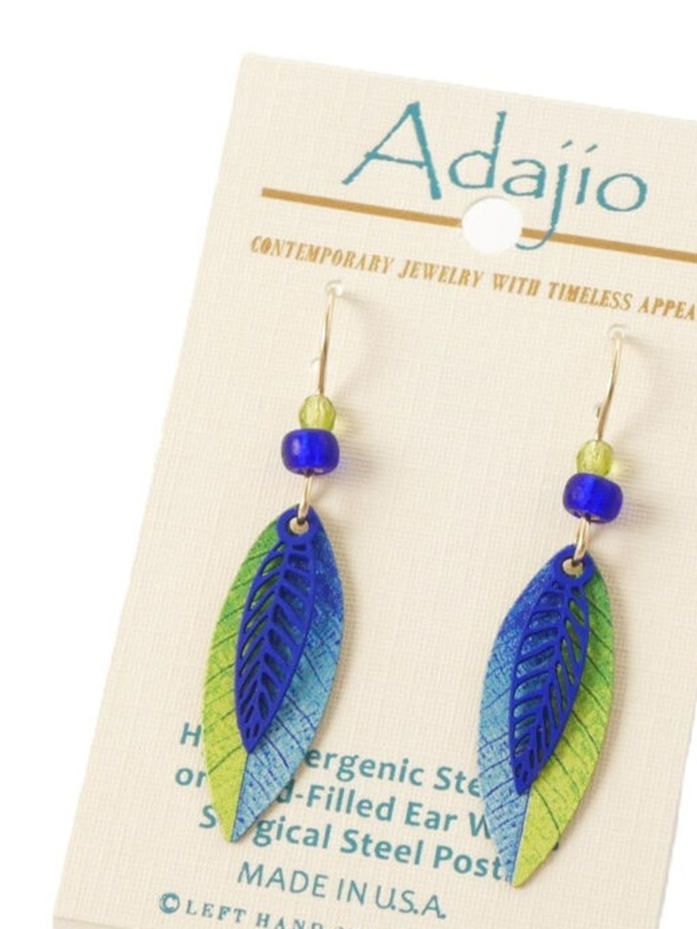 Adajio Earrings - Cobalt Blue Filigree Leaf over Blue and Green Leaf